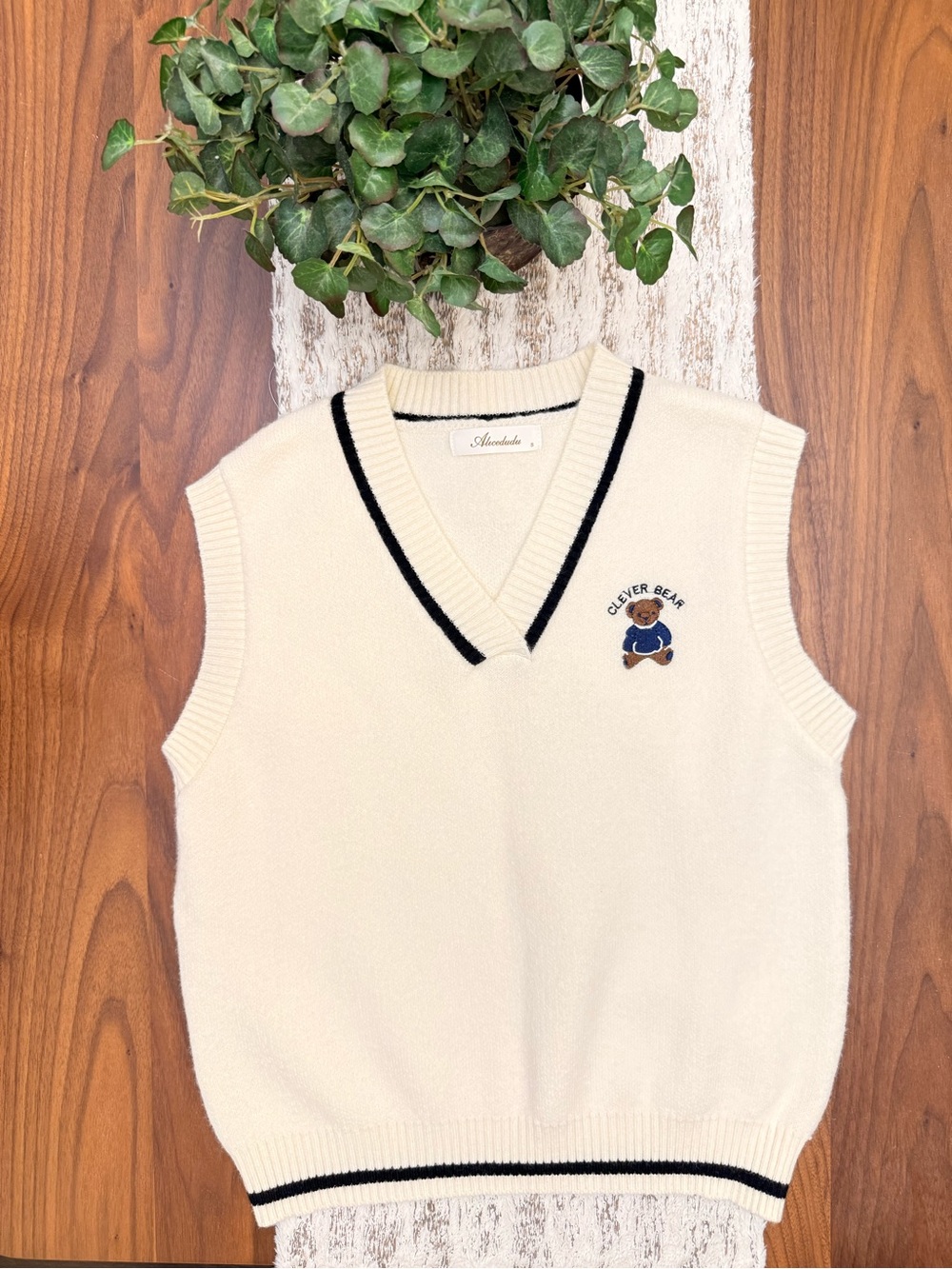 Cream Knit Sleeveless Vest with Navy Trim and Bear Embroidery